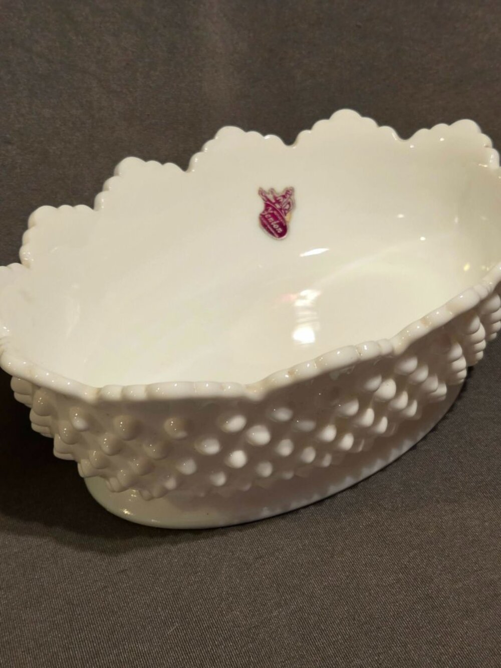 Fenton White Milk Glass Hobnail Oval Dish Scalloped Top Edge